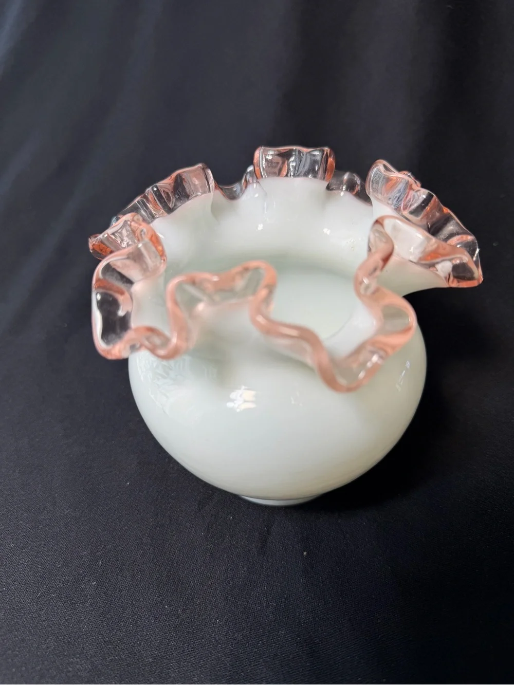Fenton Rose Crest Milk Glass Bowl Crimped Rim Vase 1940s Decor VTG Pink Grandma